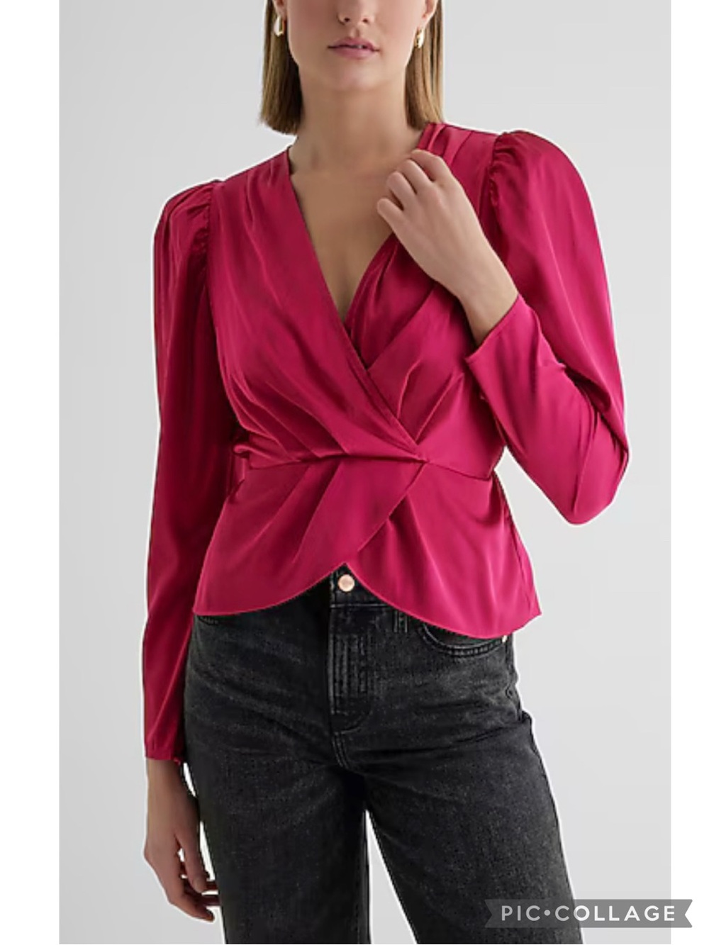 Express Magenta Cranberry Pink Satin Puff Sleeve Satin Top M Quiet Luxury